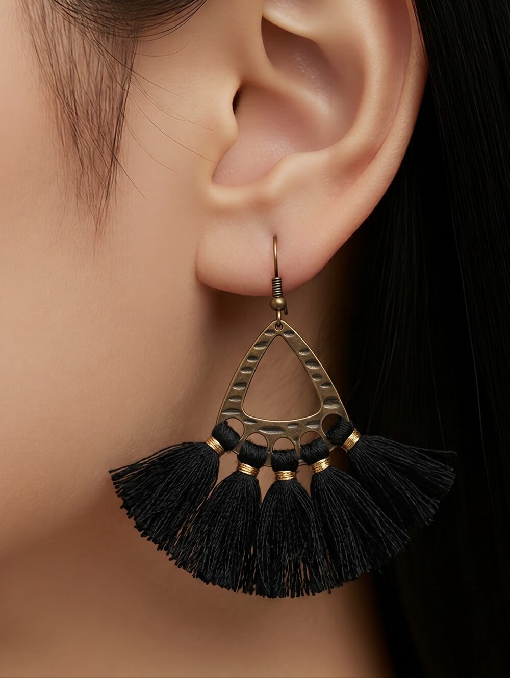 Black Tassel Triangle Earrings Dark Boho Festival Statement Dangle Edgy Jewelry